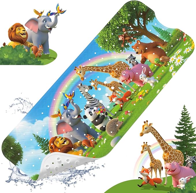 XIYUNTE Upgrade Baby Bath Mat Non Slip - 40"x16" Extra Long Kids Bath Mat for Tub Non Slip Bathtub Mat Eco-Friendly Toddler Bath Mats with Suction Cups, Machine Washable and No Fading, Animal Rainbow by XIYUNTE