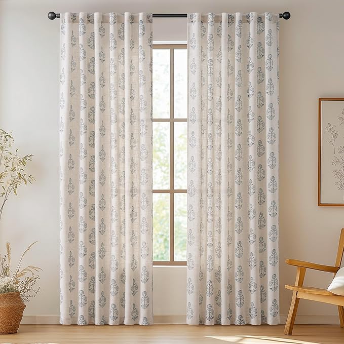 jinchan Linen Floral Curtains for Living Room 84 Inch Length Blue Flower Cottage Core Farmhouse Curtains Rod Pocket Back Tab Boho Semi Sheer Window Drapes Bedroom Set 2 Panels Blue on Beige - Image 2