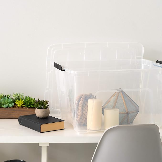 IRIS USA 54 Qt Stackable Plastic Storage Bins with Lids, 4 Pack - BPA-Free, Made in USA - See-Through Organizing Solution, Latches, Durable Nestable Containers, Secure Pull Handle - Clear - Image 8