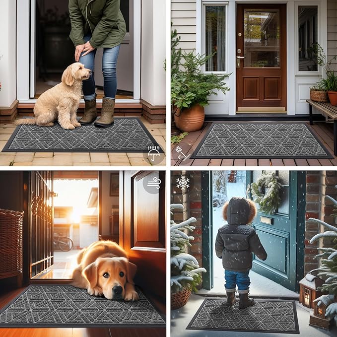 Smiry Front Door Mat Outside Entrance, Heavy Duty Sturdy Natural Rubber Doormat, Trap Dirt and Moisture, Easy Clean Low Profile Mats for Indoor Outdoor Entry, Grid Geometric (47x32, Silver Grey) - Image 7