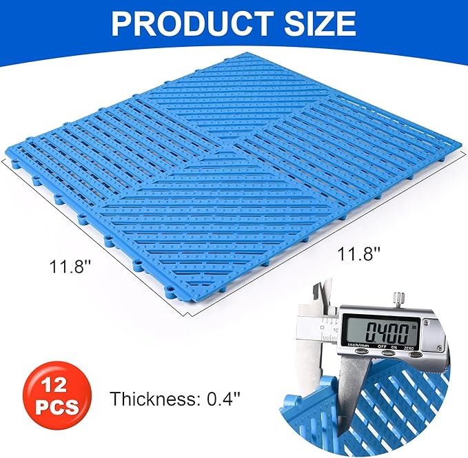 MYFAMIREA Modular Interlocking Cushion 12 Pack 11.8" x 11.8" Rubber Floor Tiles Non-Slip Splicing Drainage Mats for Deck, Pool, Shower, Patio, Balcony, Bathroom, Kitchen, Yard (1 Rows Dots, Blue) - Image 2