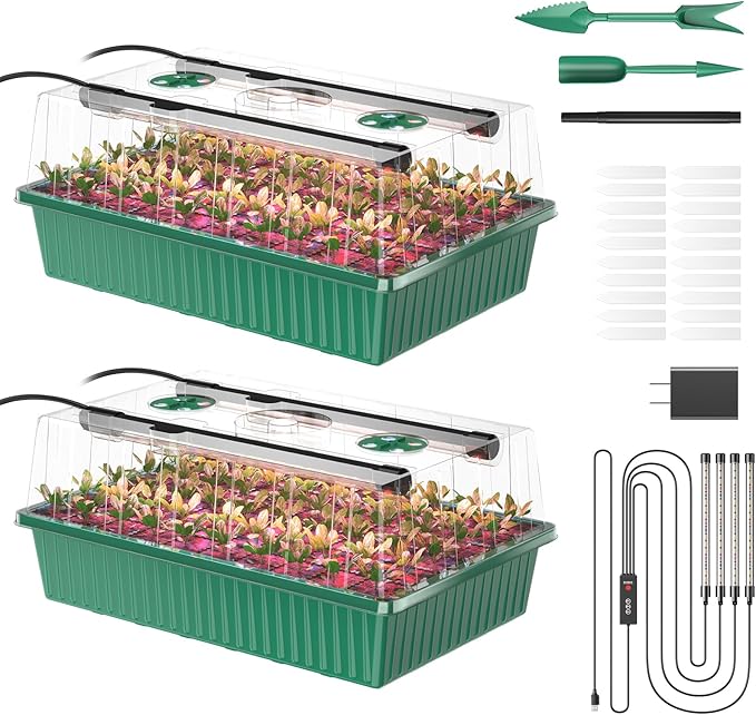 Seed Starter Tray, 120-Cells Seed Starter Kit with Grow Light, 2 Pack Reusable Seeding Starter Trays with Air Vent Humidity Domes for Greenhouse Gardening Indoor Planting Growing (Green Base) by Guioiby