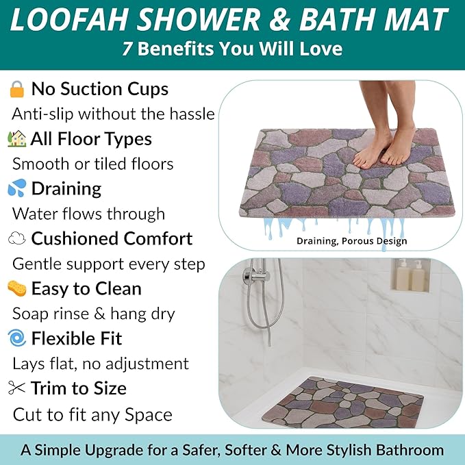 Enkosi Loofah Non-Slip Shower Mat - Shower Floors, Bathtub, Bathrooms, Wet Areas - Cushioned Bath Mat with Drain Holes - Quick Dry PVC, Secure Safety Pad Without Suction Cups (32x24 Stone Path) - Image 4