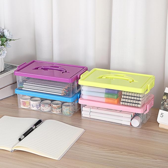 BTSKY 4-Pack Clear Plastic Storage Box with Lid, Stackable Organizer Featuring Easy-Lift Dolphin Design Multi-Use Portable Small Container for Home Craft Office Space-Saving with Secure-Clasp,4 Colors - Image 6
