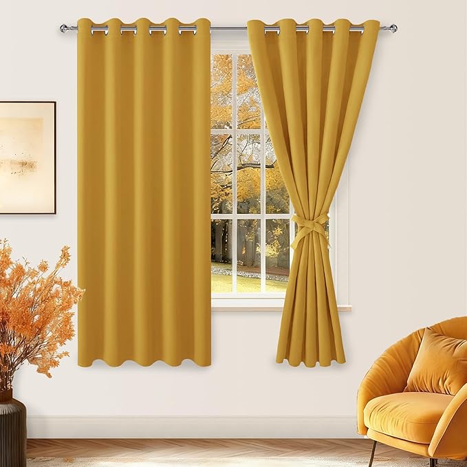 Hiasan Grommet Blackout Curtains for Bedroom, 60 x 72 Inches - Thermal Insulated & Light Blocking Window Drapes for Living Room/Dorm Room, Set of 2 Panels Sewn with Tiebacks, Mustard Yellow - Image 2