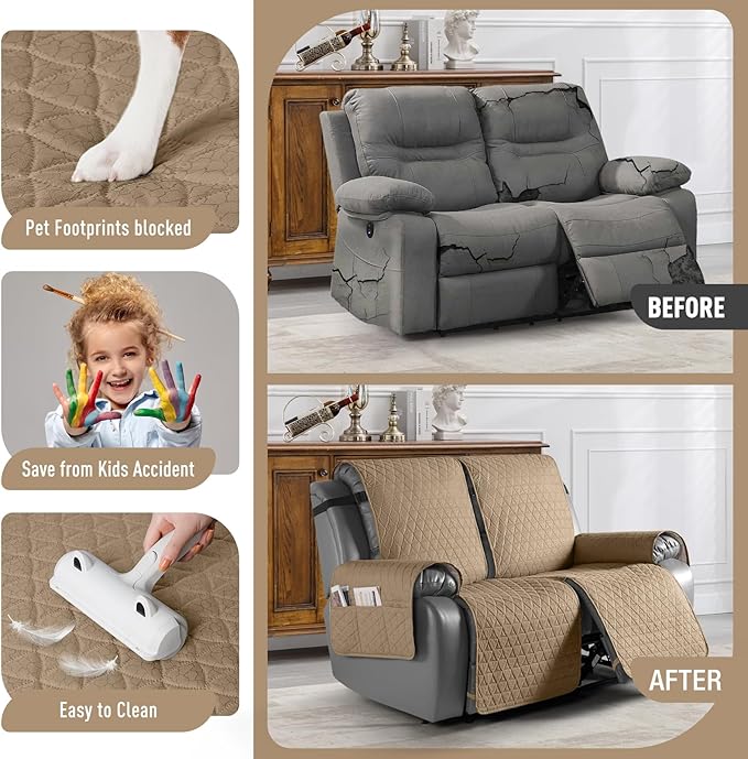 TAOCOCO 100% Waterproof Recliner Cover, Non-Slip Washable Reclining Couch Cover with Elastic Leg Straps, Furniture Protector for Dogs (Camel, 2 Seater) - Image 2