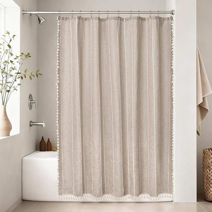 Boho Farmhouse Shower Curtain Heavyweight with Tassels, 72 x 84 Inch Extra Long Taupe Linen Textured Fabric Shower Curtain for Bathroom, Tan and White Striped Bath Décor Curtain Water Repellent - Image 6