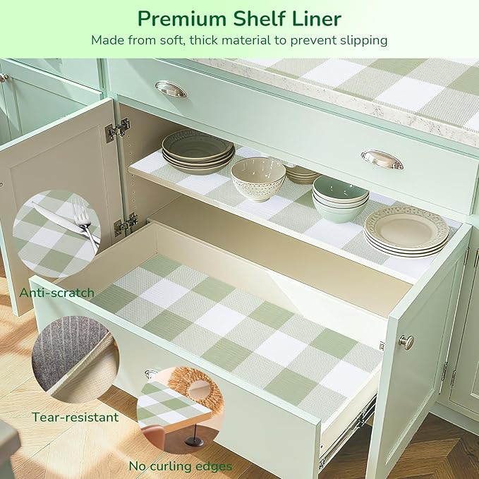 Practical Gingham Green Shelf Liner, Non-Adhesive Drawer Liner Non-Slip Cabinet Liner for Kitchen, Pantry, Cupboard, Tool Box, Bathroom Organizing (11.8" x10ft) - Image 7