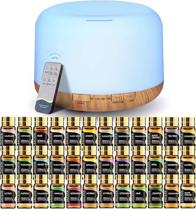 SACATR Essential Oil Diffusers for Home with 36x5mL Oil Diffuser Sets, Ultrasonic Technology, Remote Control for Home Office, Auto Shut-Off 4 Timers 15 Colors by SACATR