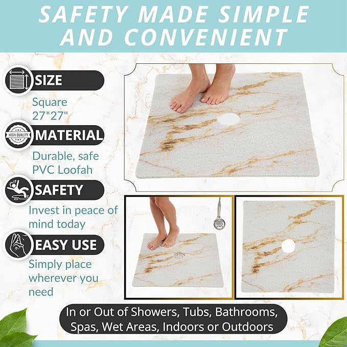 Enkosi Loofah Shower Mat with Drain Hole – Cushioned Anti-Slip Square Bath Mat for Showers, and Bathroom Floors – Textured PVC, Non Slip Safety Pad for Walk-In Stalls and Wet Areas (27x27 Marble Gold) - Image 3