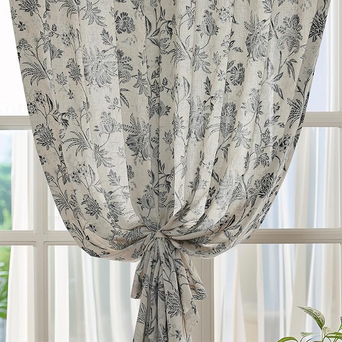jinchan Linen Floral Curtains for Living Room with Printed Flower 96 Inches Long Light Filtering French Country Back Tab Rod Pocket Black Window Curtain Set Farmhouse Drapes 2 Panels Black - Image 6