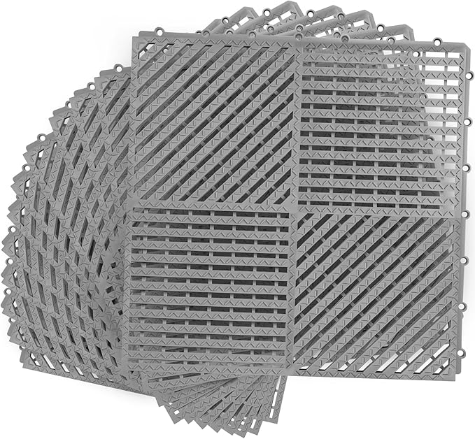 MYFAMIREA Modular Interlocking Cushion 12 Pack 11.8" x 11.8" Rubber Floor Tiles Non-Slip Splicing Drainage Mats for Deck, Pool, Shower, Patio, Balcony, Bathroom, Kitchen, Yard (Diagonal, Gray) by MYFAMIREA