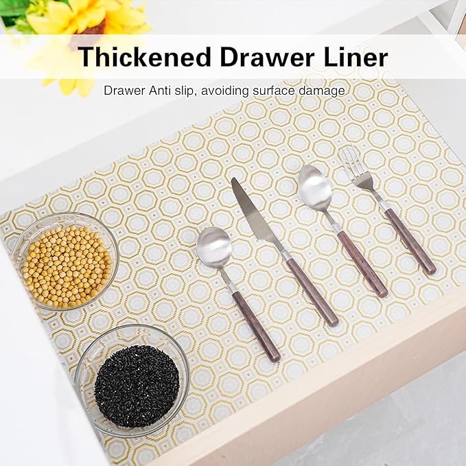Drawer and Shelf Liner for Kitchen Cabinet,Non-Adhesive Cabinet Liner 18in x 20FT,Waterproof Shelf Paper Non-Slip Mats Cupboard Liners Contact Protect Dresser/Shelves/Table-Gold Octagonal - Image 3