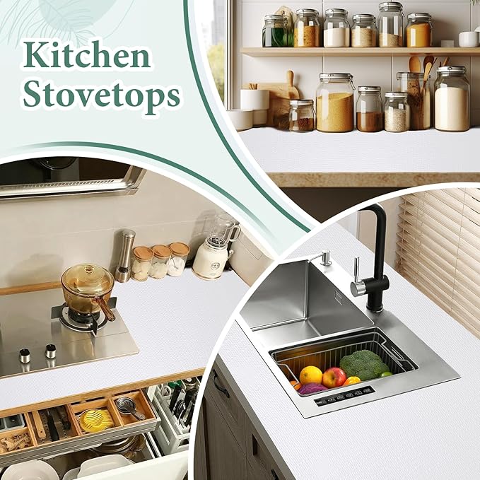 Drawer and Shelf Liner for Kitchen Cabinet: 12 in X 20 Ft Non Slip Waterproof Shelf Paper Non Adhesive Refrigerator Liners White Easy Liners for Bathroom Cupboard with Knife Tape Measure - Image 3