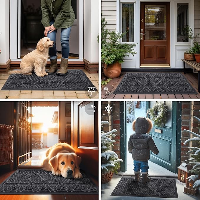 Smiry Front Door Mat Outside Entrance, Heavy Duty Sturdy Natural Rubber Doormat, Trap Dirt and Moisture, Easy Clean Low Profile Mats for Indoor Outdoor Entry, Grid Geometric (71x47, Grey) - Image 7