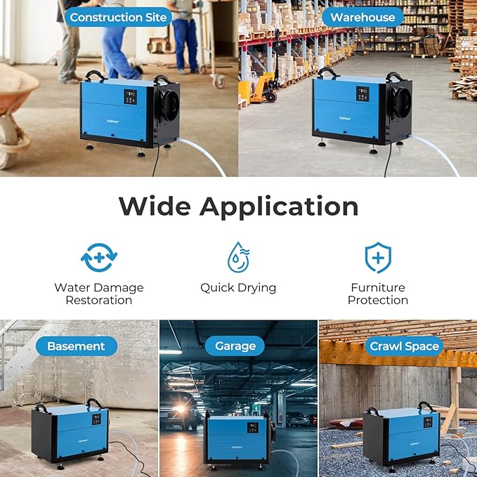 COSTWAY 124 PPD Commercial Dehumidifier, 1300 Sq.Ft Crawl Space Dehumidifier with 9.8 FT Drain Hose & Wired Remote Control Panel, Ideal for Basement, Warehouse, Job Site (Blue) - Image 7