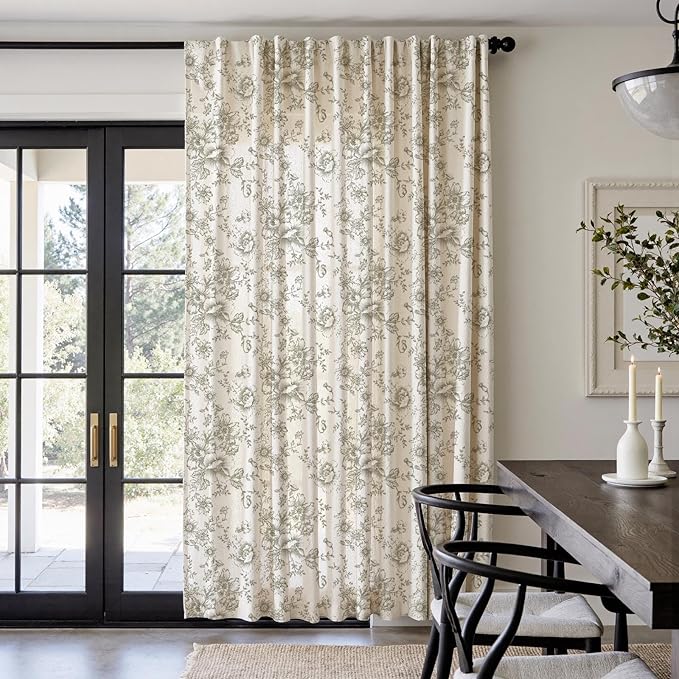 jinchan Linen Floral Curtains Extra Wide for Patio Sliding Glass Door Room Divider Curtain for Living Room Drapes 90 Inch Length Farmhouse Peony Green Printed Curtain Set 1 Panel - Image 2