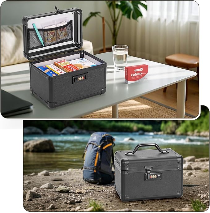 Medicine Lock Box, Lockable Storage Box for Drugs, Childproof Medication Storage with Combination Lock for Dorm/Outdoor/Home Personal Pill Organizers (Medium 11.2x7.4x6.8 Inch) Black - Image 2