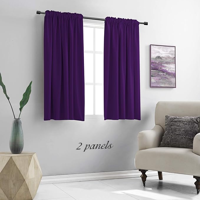 DONREN 48 Inch Length Short Curtains for Kitchen - Small Window Treatment Rod Pocket Blackout Curtain Drapes (1 Pair,Royal Purple,52 Inches Wide by 48 Inches Long) - Image 2