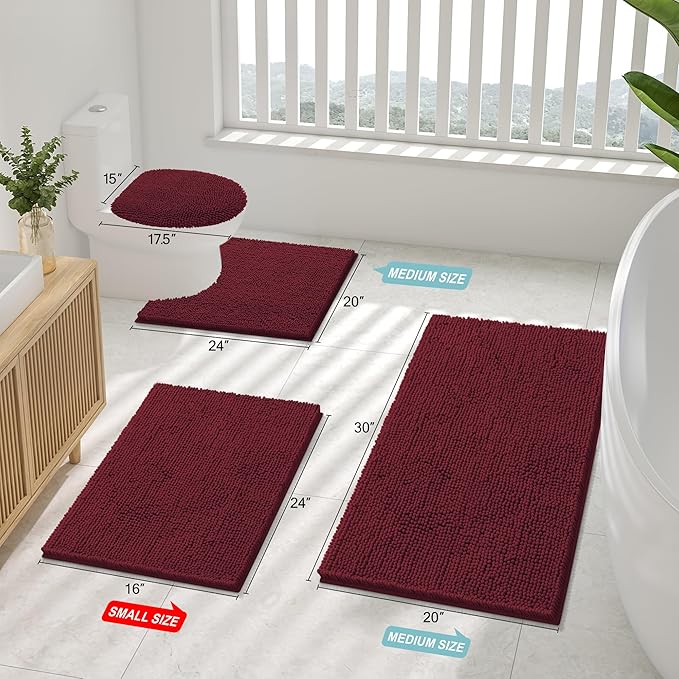 Smiry Luxury Chenille Toilet Rugs U-Shaped 24x20, Soft Absorbent Non-Slip Contour Bathroom Rugs for Toilet, Machine Washable Contoured Bath Mats, Burgundy - Image 2
