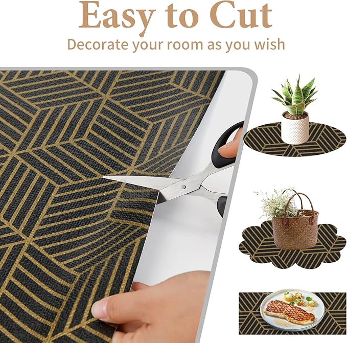 Shelf Liners for Kitchen Cabinets 12in x 30FT, Non Adhesive Cabinet Liner Strong Non-Slip Black Gold Geometric Drawer Liner, Easy to Clean for Shelf, Cabinet with Knife and Tape Measure - Image 4