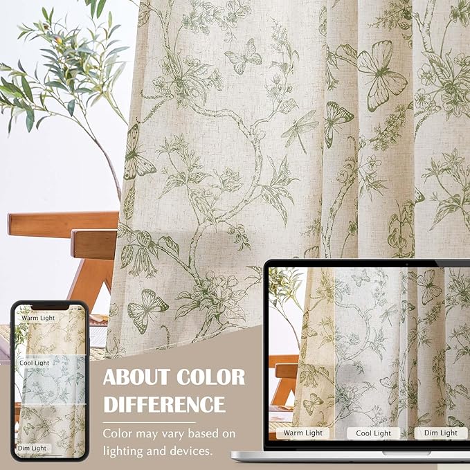 jinchan Floral Curtains Lined Linen Blend Curtain for Living Room 63 Inch Length Sage Green Farmhouse Flower Patterned Curtain French Country Curtains Drapes Back Tab Rod Pocket 2 Panels - Image 6