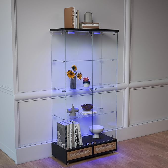 Yoluckea 4-Tier Glass Display Cabinet with LED Lighting and 2 Drawers, 2-Door Floor Standing Curio Cabinet with Wheel for Home, Office, Corner Display, Black Glass Bookshelf for Collections and Decor - Image 9