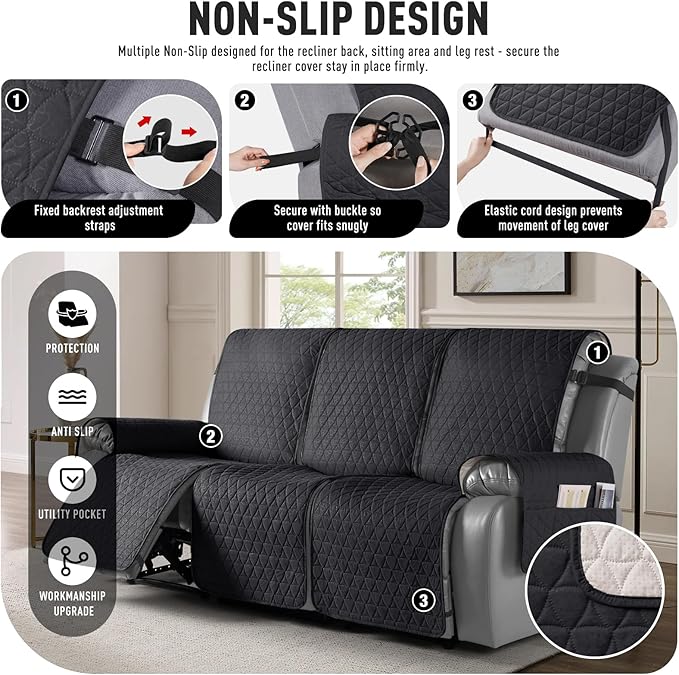 TAOCOCO 100% Waterproof Recliner Cover, Non-Slip Washable Reclining Couch Cover with Elastic Leg Straps, Furniture Protector for Dogs (Black, 3 Seater) - Image 5