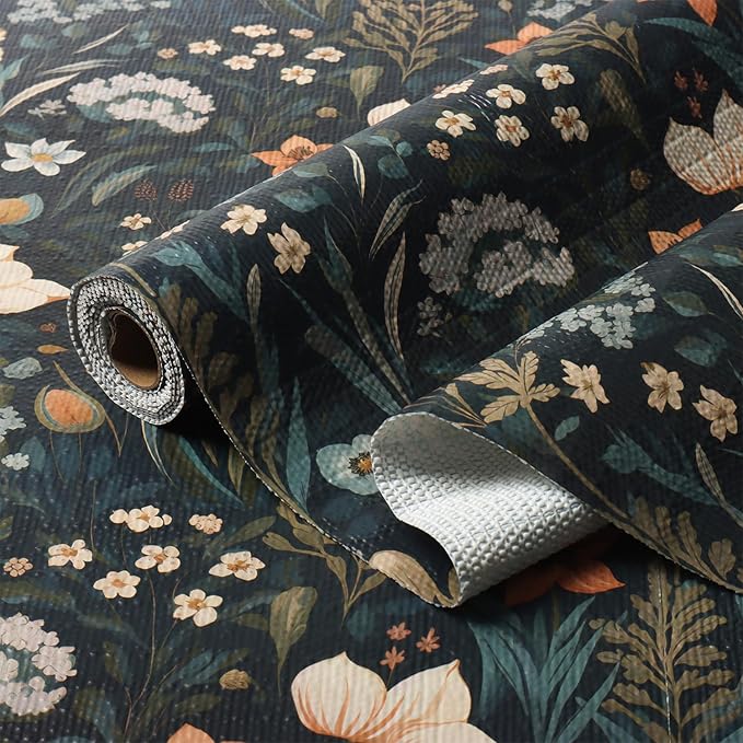 Vintage Floral Drawer Liner, Non-Adhesive and Strong Non-Slip Floral Shelf Cabinet Drawer Liners for Kitchen, Waterproof Cupboard Liners,Easy to Clean,12IN x 10FT,Dark Green by Amiitay