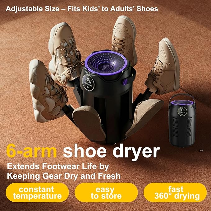 6-Arm Boot and Glove Dryer Family Size – Forced Air Boot Dryer with Heat Blower & Timer. Foldable Ski Boot Dryer, Warmer & Hockey Equipment Dryer for Shoes, Ski Gloves, Hats – Adjustable Rack(Black) - Image 3