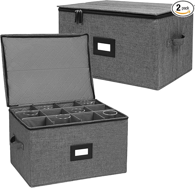 Mayniu Wine Glass Storage Box 2 Pack, Stemware Storage Containers Cases, Glassware Storage for 24 Crystal Glasses, Hard Shell Top Sides Bottom and Stackable (17'' x 13'' x 10'', Black) by Mayniu