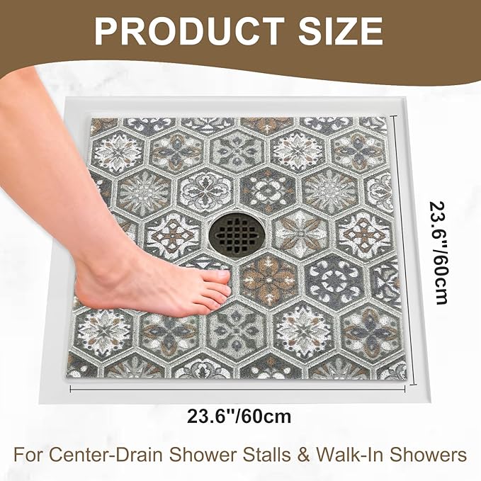 Square Shower Mat Non Slip: 24x24 Inch Extra Large Shower Mats for Inside Shower, Anti Slip Shower Floor Mat, Loofah Shower Stall Mats for Elderly, Non Slip Shower Mat with Drain Hole in Middle - Image 7