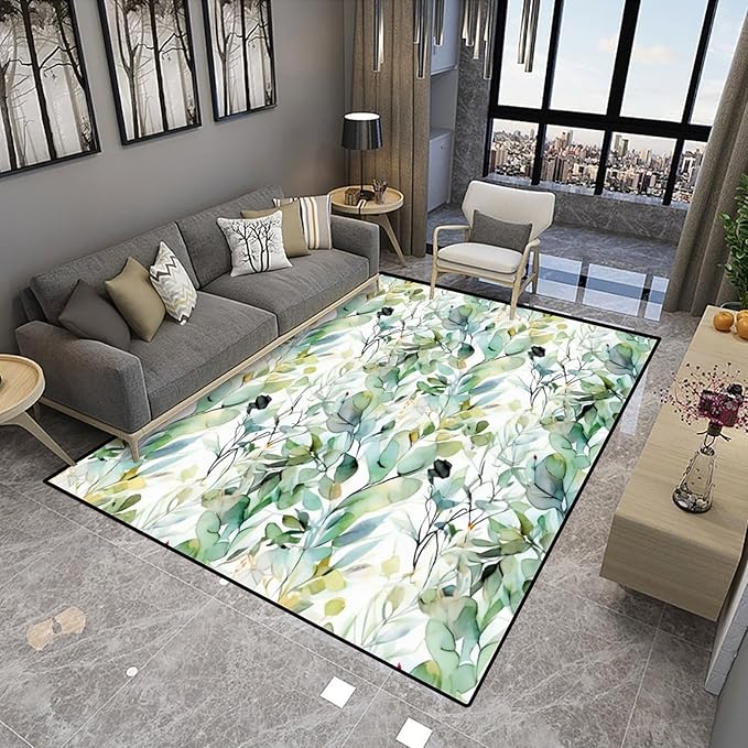 Watercolor Eucalyptus Leaves Shag Carpet - Pattern Drawing Washable Area Rug for Living Room/Bedroom - Fade, Flame, and Stain Resistant, Quick Dry, Waterproof Floor Carpet, 72 x 108 Inch - Image 4
