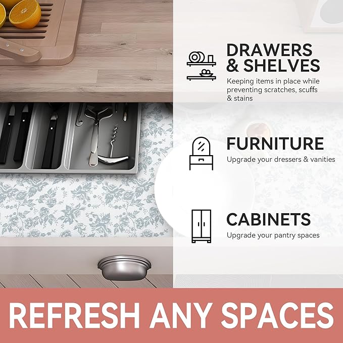 RAY STAR Shelf Liner, Non Adhesive Silver Floral Kitchen Cabinet Liner for Pantry Drawer Vanity, Non Slip, Shelf Liners for Kitchen Cabinets Cupboard 18 Inch x 8 FT (10 Rolls) Signature Delivery - Image 6