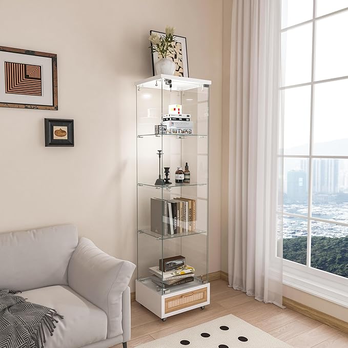 Yoluckea 4-Tier Glass Display Cabinet with LED Lighting and Drawer, 1-Door Floor Standing Curio Cabinet with Wheel for Home, Office, Corner Display, White Glass Bookshelf for Collections and Decor - Image 9