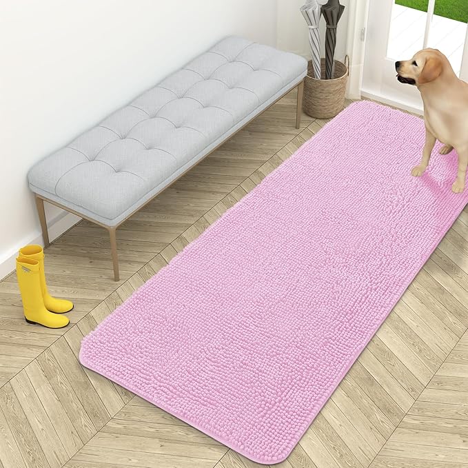 OLANLY Dog Door Mat for Muddy Paws 59x24, Absorbs Moisture and Dirt, Absorbent Non-Slip Washable Doormat, Quick Dry Chenille Mud Mat for Dogs, Entry Indoor Entryway Carpet for Inside Floor, Pink by OLANLY