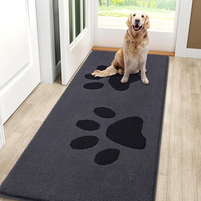 Smiry Dog Door Mat for Muddy Paws, Absorbs Moisture and Dirt, Low-Profile Entryway Mat with Non-Slip Backing, Entry Indoor Outdoor Doormat for Inside Floor (59x24 Inches, Black, Paw) by Smiry