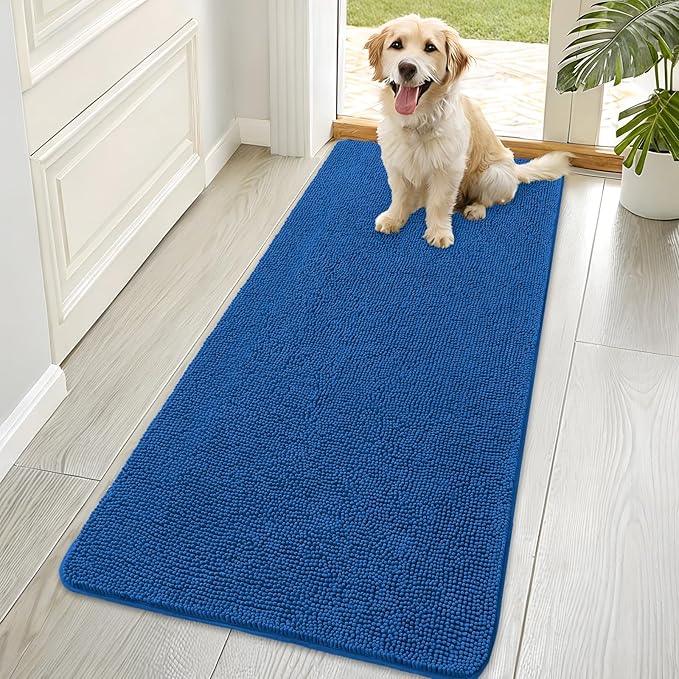 OLANLY Dog Door Mat for Muddy Paws 70x35, Absorbs Moisture and Dirt, Absorbent Non-Slip Washable Doormat, Quick Dry Chenille Mud Mat, Entry Indoor Entryway Carpet for Inside Floor, Deep Navy Blue by OLANLY