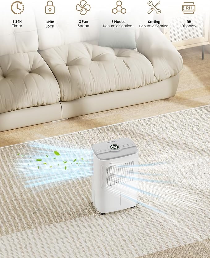 Dehumidifier for Home Basement Max 34 Pint 2500 Sq.Ft Small Quiet Portable Dehumidifiers for Bathroom Large Room, Bedroom Auto Defrost,Intelligent Humidity Control,24h Timer,Child Lock (13 Pint) - Image 2