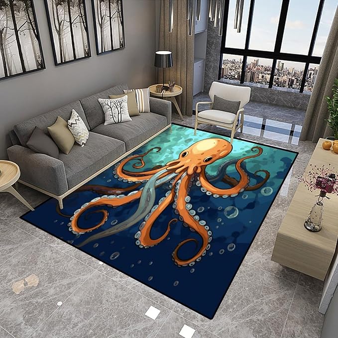 Wall-to-Wall Carpeting, Submarine Octopus Pattern Printing Moisture Barrier Area Rugs Fade Resistant, Flame Resistant, Quick Dry, Waterproof Floor Carpet for Living Room Bedroom, 18 x 30 Inch - Image 4
