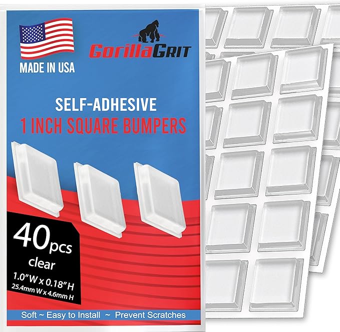 Clear Rubber Bumpers Large - Rubber Feet for Cutting Boards - Glass Table Top Bumpers, Picture Frame Spacers, Self Adhesive Furniture Pads - 1 Inch Square Self Stick Pads - 40 PCs by GorillaGritBumpers