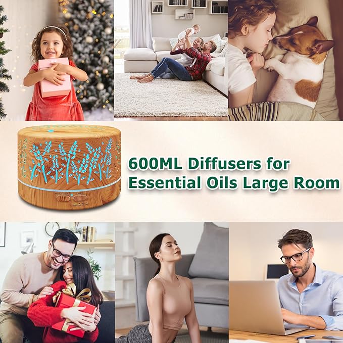 Diffusers for Essential Oils Large Room,600ml Essential Oil Diffusers for Home,Waterless Auto Off 7 Colors Changed 3 Mist Modes,Cool Mist Humidifiers for House Bedroom Decor,Gifts,Light Wood - Image 6