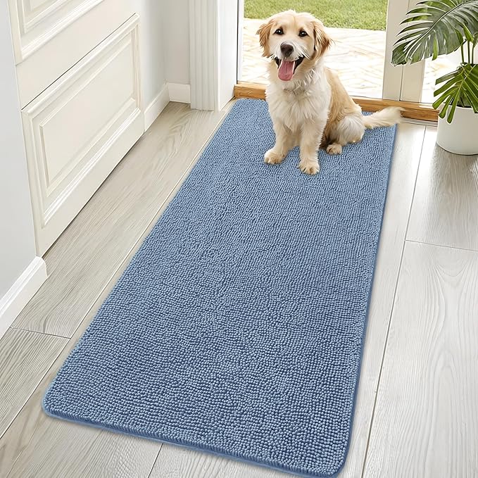 OLANLY Dog Door Mat for Muddy Paws 70x35, Absorbs Moisture and Dirt, Absorbent Non-Slip Washable Doormat, Quick Dry Chenille Mud Mat for Dogs, Entry Indoor Entryway Carpet for Inside Floor, Airy Blue by OLANLY