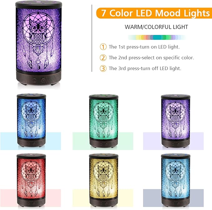 Owl Essential Oil Diffuser, Daroma 100ml Metal Aromatherapy Ultrasonic Cool Mist Humidifier Air Scent Home Office Gift, 7 Colors Changed LED Mood Light, Waterless Auto-Off - Image 3
