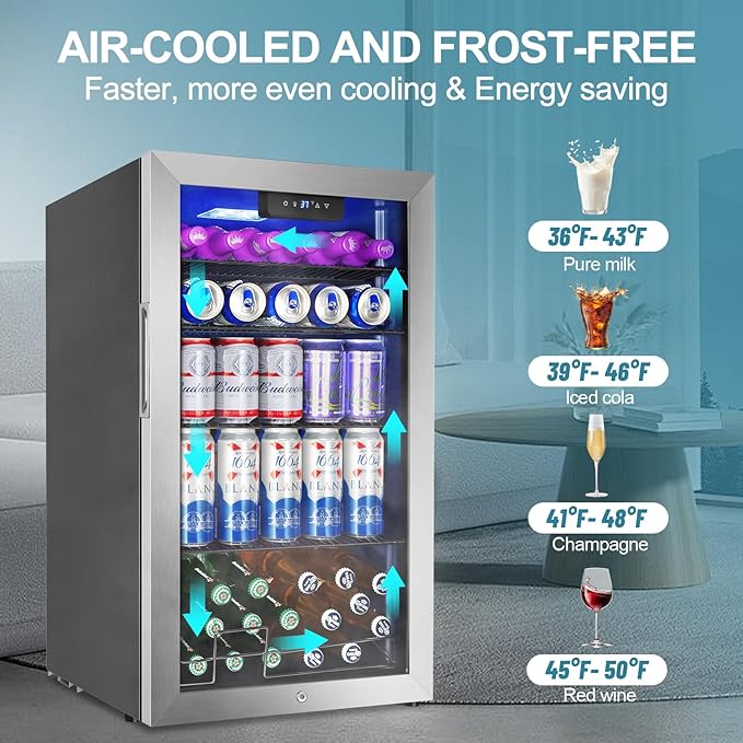 128 Cans Beverage Refrigerator Cooler, 3.2 Cu.Ft Mini Drink Fridge Glass Door for Drink Beer Soda Wine, Beer Fridge with 4 Removable Shelves for Kitchen Bedroom, Office Bar Gaming Room,Stainless Steel - Image 3