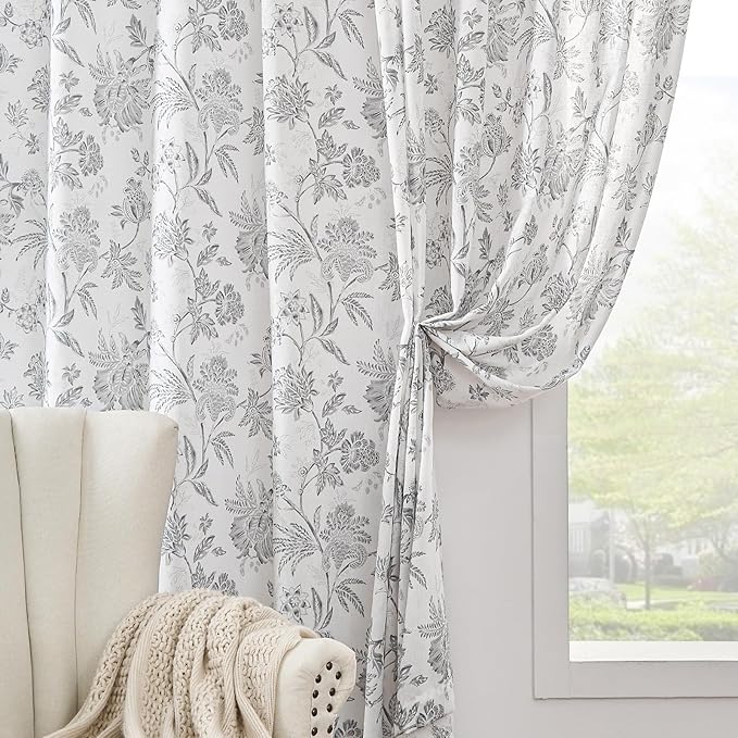 jinchan Linen Floral Curtains for Living Room, 84 Inch Length Curtains with Printed Flower Light Filtering Curtain, Rod Pocket Back Tab Gray Window Curtain Set, 2 Panels Light Grey on White - Image 6