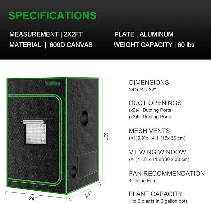 MELONFARM 2x2 Grow Tent, 24"x24"x36'' High Reflective 600D Diamond Mylar Canvas with Observation Window and Floor Tray for Hydroponic Indoor Plant Growing - Image 6