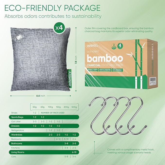 Activated Charcoal Odor Absorber,Large 4x500g w Hooks Nature Odor Eliminator for Strong Odor,Bamboo Charcoal Air Purifying Bags,Moisture Absorbers for Fresh Home Car Closet Pet,Smoke Room Deodorizer - Image 9