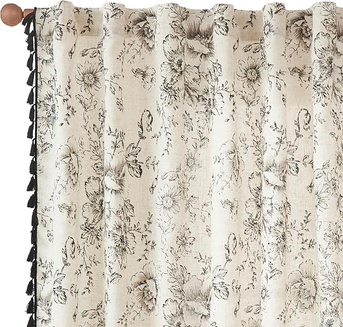 jinchan Linen Blend Curtain Floral Curtains for Living Room 63 Inch Length Printed Curtains with Tassels Rod Pocket Farmhouse Rustic Peony Flower Patterned Drapes Bedroom Window Curtains Set 2 Panels - Image 9