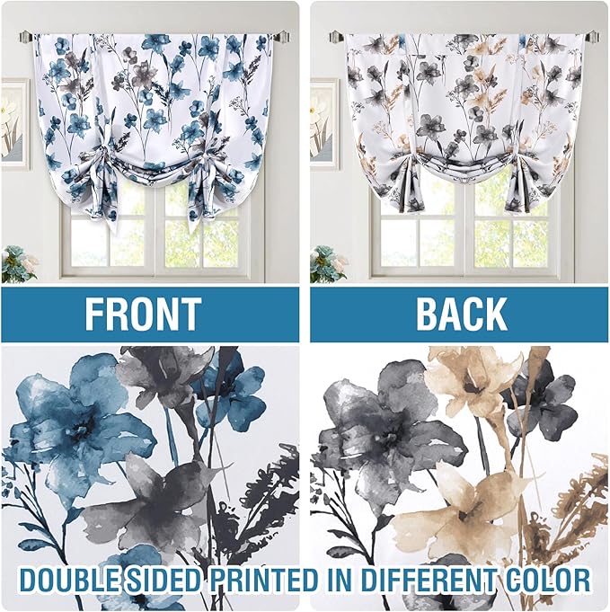 H.VERSAILTEX Reversible Tie Up Curtains Cattleya Floral Printed Rod Pocket Panel for Small Window - Reversible in Blue/Taupe - 42" Wide by 45" Long - Image 3